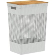 Ou Cesto de Roupas com Tampa de Bambu 49L Branco Oceano Linha Grid