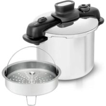 Panela de Pressão 7L Tefal OptiSpace em Inox com Fundo Triplo e Cesto de Vapor