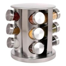 Porta Tempero Giratório 360 com 12 potes vidro suporte inox