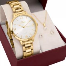 Relógio Feminino Technos Dourado Luxo Com Semi Joia Colar E Brincos 2035nbc/k1k