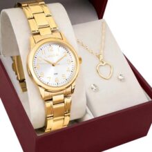 Relógio Lince Feminino Dourado Fundo Branco + Semi Joias LRGM033L30