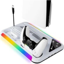 RGB Base Carregador Cooler Para PS5/ PS5 Slim Suporte Controles, com 2 Carregador Controle Bateria 600mah