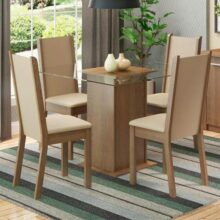 Sala De Jantar Madesa Aline Mesa Tampo De Vidro 4 Cadeiras Cor Rustic/crema/pérola