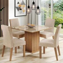 Sala de Jantar Madesa Evelin Mesa Tampo de Vidro com 4 Cadeiras – Rustic/crema/imperial