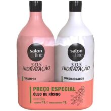 Salon Line, Kit Shampoo e Condicionador, SOS Hidratação, Óleo de Rícino, Vegano – Cabelos Lisos, Ondulados, Cacheados e Crespos, 1 L cada