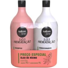 Salon Line Kit Shampoo e Condicionador SOS Hidratação Óleo de Rícino Vegano – Cabelos Lisos Ondulados Cacheados e Crespos 1 L cada