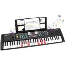 Teclado Musical Digital, 61 Teclas Iluminadas,Piano Digital para Iniciantes, modo de ensino, 200 Tons, 60 canções de demonstração, microfone, suporte musical, Bateria Recarregável