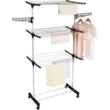 Varal De Chão 3 Andares Grande de Roupas Dobrável Regulável Retrátil com Rodinhas e Ganchos Compacto