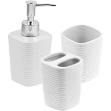 WOLFF – Conjunto 3 Peças para Banheiro Lines Branco – 1 Porta Sabonete Líquido, 1 Porta Algodão e 1 Porta Escovas